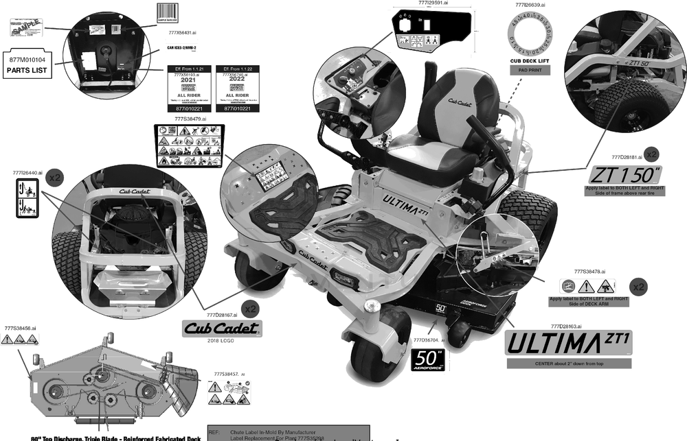 Label Map Diagram and Parts List for ZT1-50KW (17AIEACL010)(2022) Cub Cadet Lawn Tractor